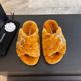 SAFETY ORANGE FUR CROSS STRAP SLIPPERS