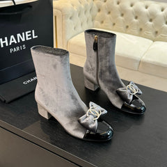 SHORT BOOTS IN DOLPHIN GRAY VELVET AND BLACK LAMBSKIN