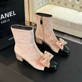 SHORT BOOTS IN PEACH PINK VELVET AND BLACK LAMBSKIN
