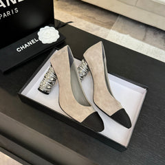 HIGH HEEL 85 MM SANDALS IN PALE GRAY SUEDE AND BLACK FABRIC