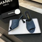 PEEP TOE MULE 85MM IN BLUE DENIM CHECKERED AND LOGO