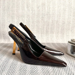 LEE SLINGBACK PUMPS 105 IN MAROON PATENT LEATHER GOLD HEEL