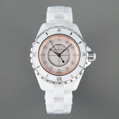 J12 33mm Quartz White Ceramic Diamond Numerals Pink Mop Dial