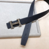 HM H D'ANCRE BELT BUCKLE & REVERSIBLE BLACK LEATHER STRAP 38 MM GREY SILVER HARDWARE