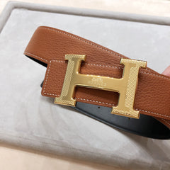 HM H D'ANCRE BELT BUCKLE & REVERSIBLE BLACK AND BRONZE BROWN LEATHER STRAP 38 MM GOLD HARDWARE