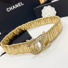 DOUBLE C ELASTIC BELT 30MM IN YELLOW CALFSKIN GOLD CRYSTAL EMBELLISHED BUCKLE