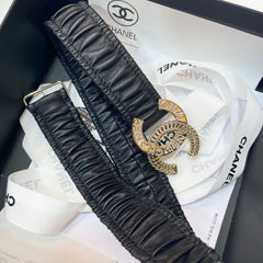 DOUBLE C ELASTIC BELT 30MM IN BLACK CALFSKIN GOLD CRYSTAL EMBELLISHED BUCKLE