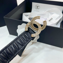 DOUBLE C ELASTIC BELT 30MM IN BLACK CALFSKIN GOLD CRYSTAL EMBELLISHED BUCKLE