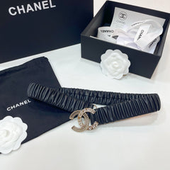 DOUBLE CC 30MM STRETCH BELT IN BLACK CALFSKIN WITH GOLD CHAIN BUCKLE CRYSTAL DETAIL