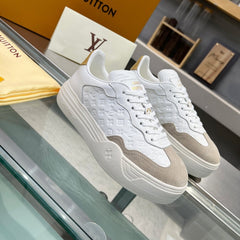 LV WOMEN GROOVY PLATFORM IN CAMEL BROWN SUEDE MIX WHITE EMBOSSED CALFSKIN