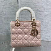 MEDIUM LADY BAG 20 IN BABY PINK QUILTED MACROCANNAGE CALFSKIN WHITE STRAP