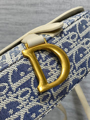 DIOR 25S MINI SOFT SADDLE BAG 19 IN BLUE DIOR OBLIQUE CHAMBRAY AND IVORY SMOOTH CALFSKIN