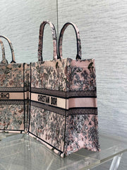 DIOR 25S LUCKY LARGE DIOR BOOK TOTE 42 IN PINK MULTICOLOR DIOR FLOWERS CALENDAR ALLOVER EMBROIDERY