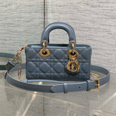 DIOR 25S SMALL LADY D‑JOY BAG 19 IN STEEL BLUE GRAY CANNAGE CALFSKIN GOLD HARDWRE