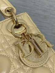 DIOR 25S MINI LADY DIOR BAG 17 IN BISCUIT CALFSKIN CHARM CRYSTAL EMBELLISHMENTS