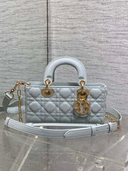 DIOR 25S SMALL LADY D‑JOY BAG 22 IN SHIRT BLUE CALFSKIN GOLD HARDWRE