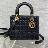 DIOR 25S MEDIUM LADY BAG 24 IN BLACK CALFSKIN GOLD HARDWARE