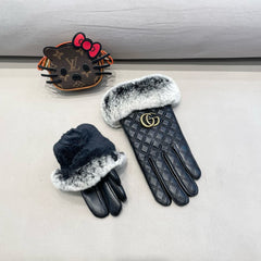 TOUCHSCREEN GLOVES IN BLACK RABBIT FUR AND LAMBSKIN 444433