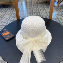 STRAW HAT BOW WITH PEARL WHITE 672700