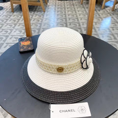 STRAW BUCKET HAT WHITE WITH PEARLS 672764