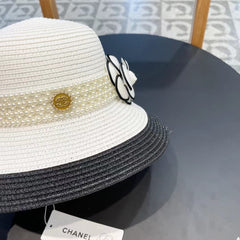 STRAW BUCKET HAT WHITE WITH PEARLS 672764