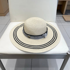 WIDE BRIM HAT MODEL 650408 IN CREAM WHITE BLACK STRIPES WOVEN STRAW