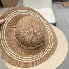 WIDE BRIM HAT MODEL 650409 IN BROWN WITH CREAM STRIPES WOVEN STRAW