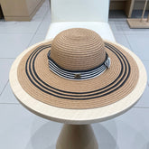 WIDE BRIM HAT MODEL 650410 IN BROWN WITH BLACK STRIPES WOVEN STRAW