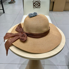 MM WIDE-BRIM BEACH HAT IN BEIGE WITH FABRIC BOW