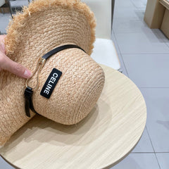 WIDE BRIM HAT MODEL 650422 IN NATURAL WITH BLACK LEATHER STRAP RAFFIA STRAW