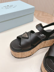 PRA WEDGE PLATFORM SANDALS BLACK CALFSKIN