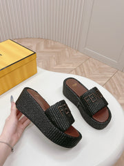 FENDI SIGNATURE WEDGE PLATFORM 6 CM IN BLACK FIBRE WITH BROWN EMBROIDERED LOGO