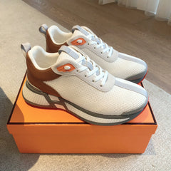 HEROS SNEAKER IN WHITE BREATHABLE MESH FABRIC AND BROWN CALFSKIN