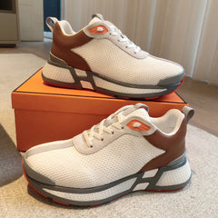 HEROS SNEAKER IN WHITE BREATHABLE MESH FABRIC AND BROWN CALFSKIN