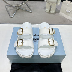 PRADA 25S STRAP SLIDES 30MM IN WHITE CALFSKIN GOLD HARDWARE