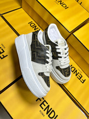 FENDI THICK-SOLDED SNEAKER IN WHITE SUEDE AND BROWN MONOGRAM FABRIC