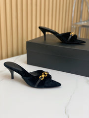 SL CHAIN ATTACH HEELED MULES BLACK VELVET