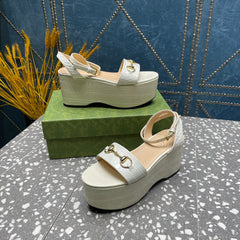 GG HORSEBIT FLATFORM SANDAL GLOSSY WHITE CALFSKIN