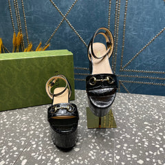 GG HORSEBIT FLATFORM SANDAL GLOSSY BLACK CALFSKIN