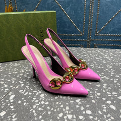 WOMEN'S SLINGBACK 10.5 CM IN FUSCIA PINK CALFSKIN WITH GOLD HARDWARE