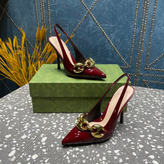 WOMEN'S SLINGBACK 10.5 CM IN GARNET RED CALFSKIN WITH GOLD HARDWARE