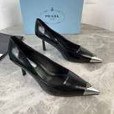 PRADA 25S METAL-CAPPED POINTED-TOE HIGH HEELS IN BLACK CALFSKIN