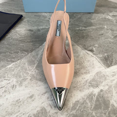 PRADA 25S METAL-TOE SLINGBACK PUMPS IN WARM BEIGE CALFSKIN