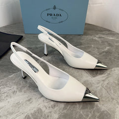PRADA 25S METAL-TOE SLINGBACK PUMPS IN WHITE CALFSKIN