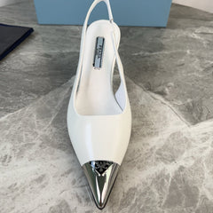 PRADA 25S METAL-TOE SLINGBACK PUMPS IN WHITE CALFSKIN