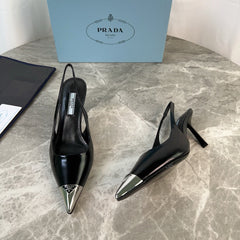 PRADA 25S METAL-TOE SLINGBACK PUMPS IN BLACK CALFSKIN