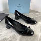 PRADA 25S LOW HEELS SLIP ON BOW 45MM IN BLACK GLOSSY CALFSKIN