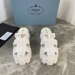 PRADA 25S MONOLITH RUBBER MULES IN WHITE RAFFIA AND LAMBSKIN
