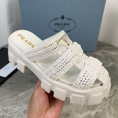 PRADA 25S MONOLITH RUBBER MULES IN WHITE RAFFIA AND LAMBSKIN