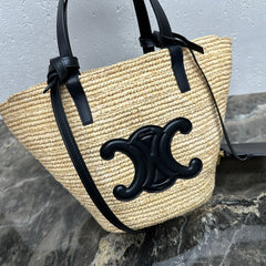 CELINE 25S TEEN BAG 22 IN NATURAL MIX BLACK RAFFIA CALFSKIN SHOULDER STRAP